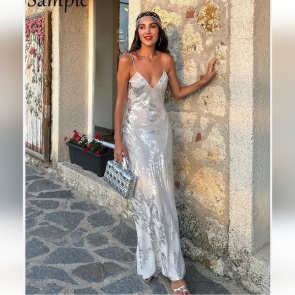 Zara Metallic Foil Slip Dress Maxi Size L - Picture 4 of 16